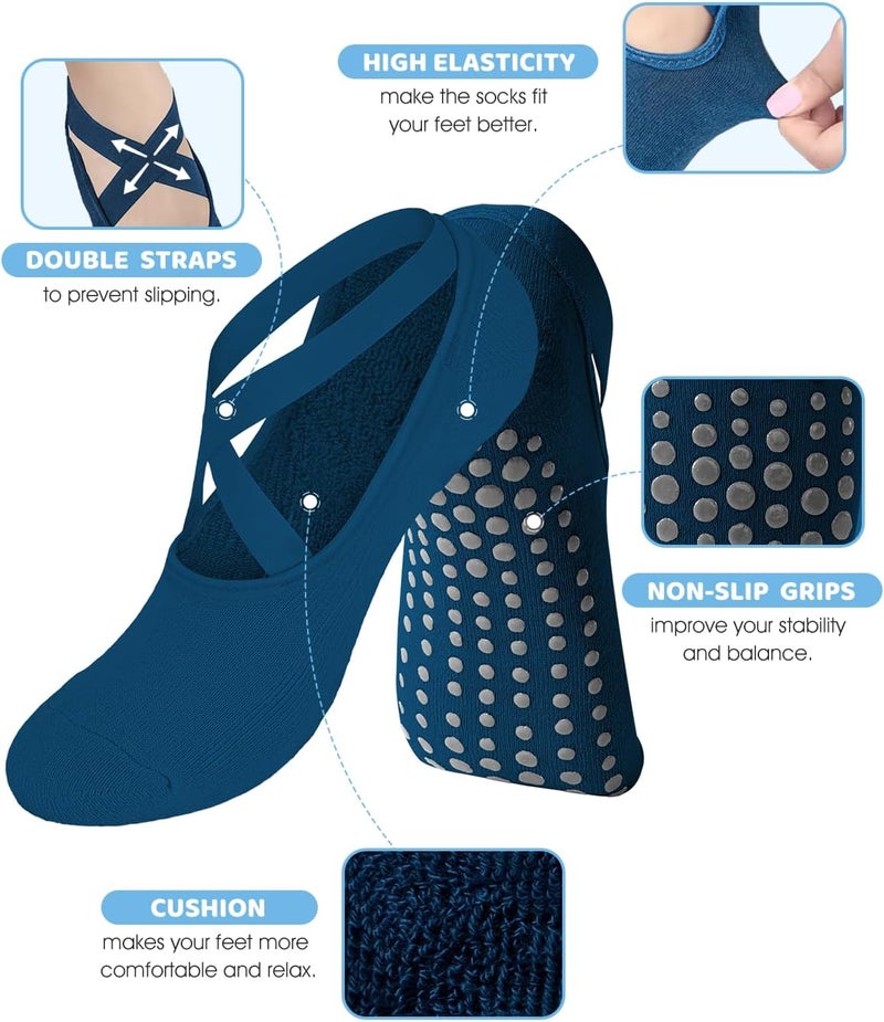 AURUZA Pilates Grip Socks for Women Non Slip Skid Yoga Socks with Grips Straps for Ballet Dance Workout Gripper Socks - Image 3